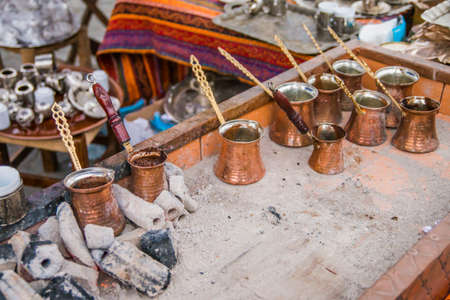 Turkish coffee cooked in copper coffee pot, Turkeyの写真素材
