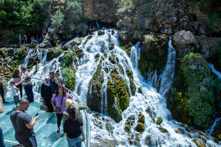 Tomara Waterfall and Visitors, National Nature Park, Gumushane, Siran District, Seydibaba Village.の写真素材