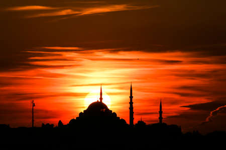 Cityscape of Istanbul with silhouettes of ancient mosques and minarets at sunset. Panoramic view, The Maiden's Tower, Galata Tower, Hagia Sophia, The Blue Mosque and TopkapÄ± Palace in Istanbul.のeditorial素材