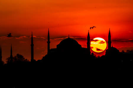 Cityscape of Istanbul with silhouettes of ancient mosques and minarets at sunset. Panoramic view, The Maiden's Tower, Galata Tower, Hagia Sophia, The Blue Mosque and TopkapÄ± Palace in Istanbul.のeditorial素材