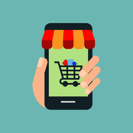 Shopping Online on Website or Mobile Application Vector Concept Marketing and Digital marketing. Horizontal view.のイラスト素材