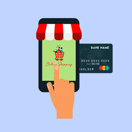 Shopping Online on Website or Mobile Application Vector Concept Marketing and Digital marketing. Horizontal view.のイラスト素材