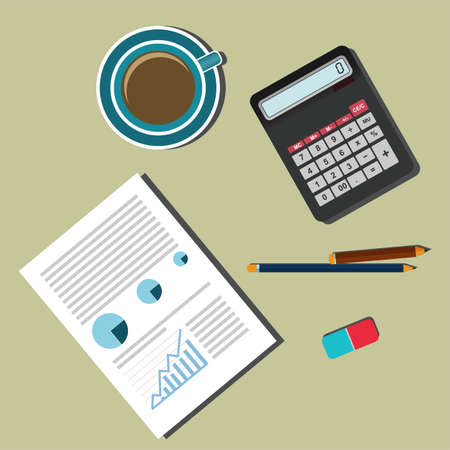 Illustration of office notebook open with numbers, pencils, calculator, smartphone and coffee cup on green desktop.のイラスト素材