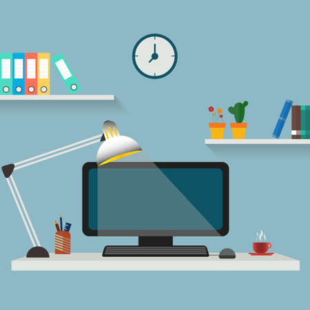 Illustration of a home-office with a computer screen and keyboard on a white painted shelf with anglepoise lamp and two other shelves with colored folders and small plant pots, blue walls with clock high up.のイラスト素材