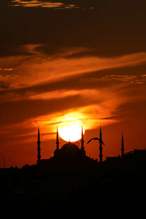 Cityscape of Istanbul with silhouettes of ancient mosques and minarets at sunset. Panoramic view, The Maiden's Tower, Galata Tower, Hagia Sophia, The Blue Mosque and TopkapÄ± Palace in Istanbul.のeditorial素材