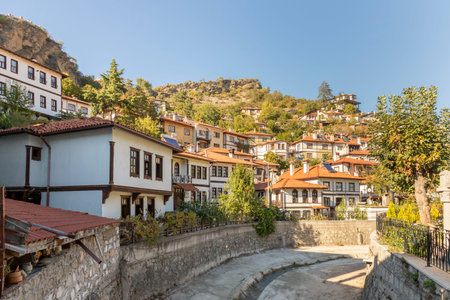 The historical Goynuk district with its traditional houses with the Goynuk inscription opposite, September 25, 2022, Goynuk, Bolu, Turkeyのeditorial素材