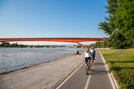 Red Bridge on river Sava, Belgrad, Serbiaの写真素材