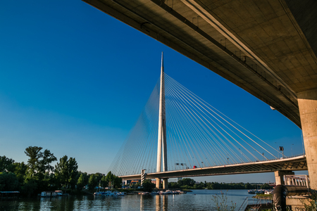 Ada bridge on river Sava in Belgrade, Serbiaの写真素材