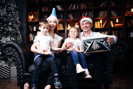 The family is celebrating the New Year.Children, a boy and a girl, are sitting on the laps of their...