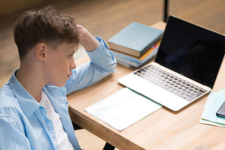 Young student watching lesson online and studying from home. Young boy taking notes while looking at...