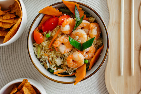 THAI SHRIMPS RED CURRY. Thailand tradition red curry bowl with shrimps and vegetables. High quality photoの写真素材