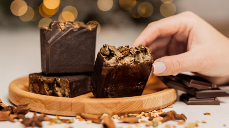 Homemade chocolate bars in a wooden plate on the background of a Christmas tree