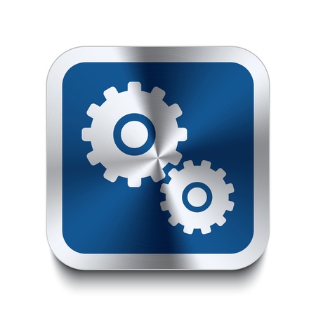 Square metal button with gear icon print on top of it  Part of a collection of blue metal buttons のイラスト素材