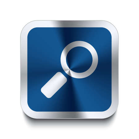 Square metal button with magnifier icon print on top of it  Part of a collection of blue metal buttons のイラスト素材