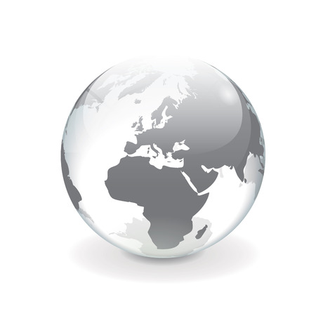 White and gray transparent 3d vector globe with map of Europe  Round shiny mirror surface effect, isolated on white background のイラスト素材