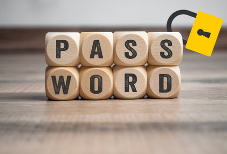 Cubes, dice or blocks with Internet security, anti virus protection and password on wooden...