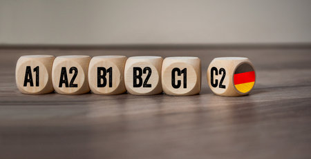 Cubes, dice or block with different language levels english, french, german, spanish on wodden backgroundの写真素材