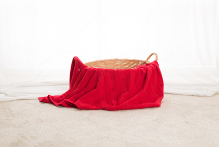 Red big spa towel or blanket with seashellsの写真素材