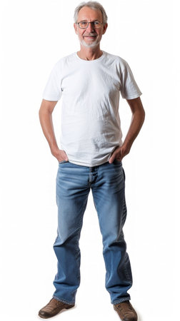 A man stands with his hands casually tucked inside his pockets.の素材