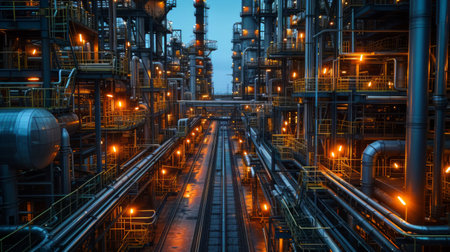 A photograph showcasing a sprawling industrial plant with an extensive network of pipes and machinery.の素材