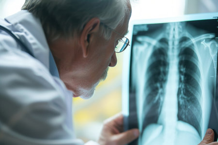 A man carefully analyzes an x-ray image of a chest, searching for signs of any abnormalities or medical conditions.の素材