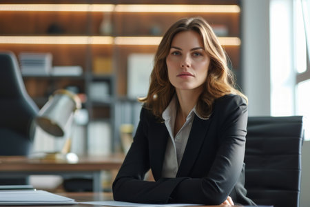 A woman is seen sitting at a desk inside an office, focused on her work.の素材