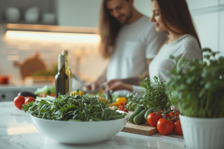 A man and a woman are busy preparing food together in a kitchen, chopping vegetables and stirring pots.の素材