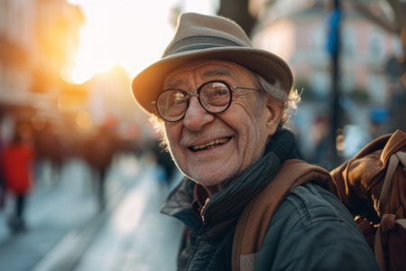 An elderly gentleman wearing a hat and glasses, posing for the camera.の素材