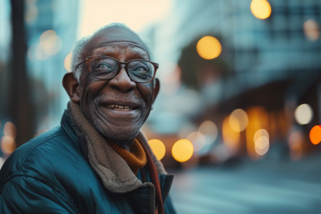 A man wearing glasses stands on a bustling city street, observing his surroundings.の素材