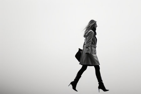 A woman dressed in a trench coat walks confidently along a city street.の素材