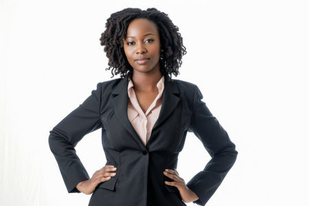 A woman dressed in a suit strikes a pose for a photograph.の素材