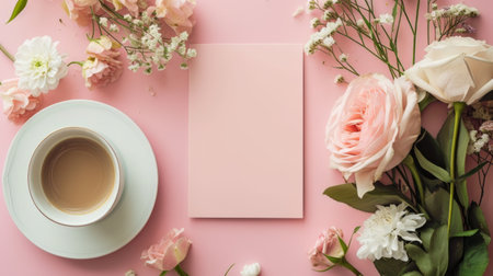 A cup filled with coffee sits alongside a bouquet of vibrant flowers on a smooth pink surface.