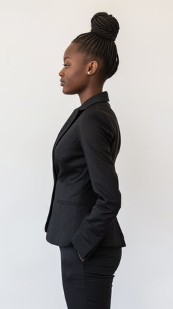 A professional woman wearing a black suit stands confidently.の素材