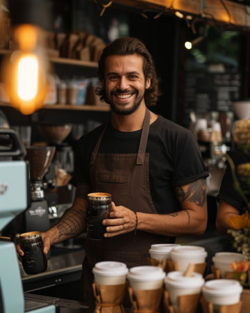 A man with a cheerful expression holds a cup filled with steaming coffee.の素材