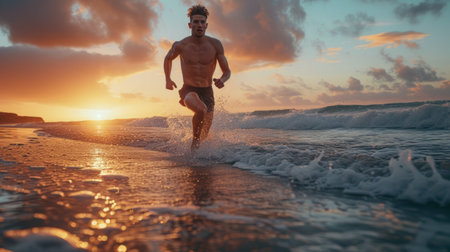 A man is energetically sprinting towards the rolling waves of the ocean during a vibrant sunset.の素材