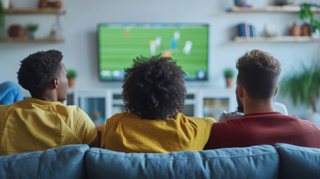 Three individuals are seated on a couch, engrossed in watching a soccer match on a television.の素材