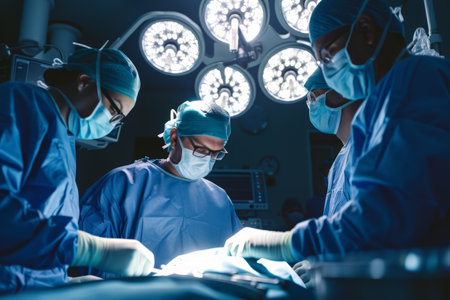 A team of doctors unmistakably focused as they perform surgery in an operating room.の素材