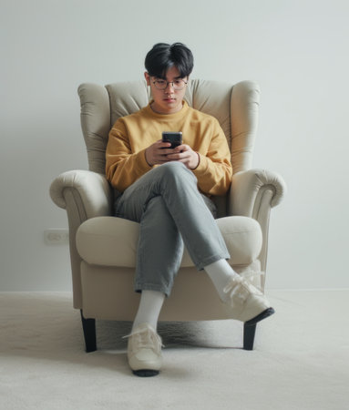 A person sitting in a chair, engaged with a cell phone.の素材