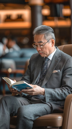 A man is seated in a chair, engrossed in reading a book.の素材