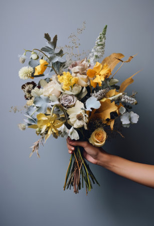 A person holds a bouquet of colorful flowers in their hand, showing the vibrant blooms up close.の素材