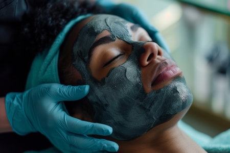 A woman having a facial mask applied to her face by a skincare professional in a spa.の素材