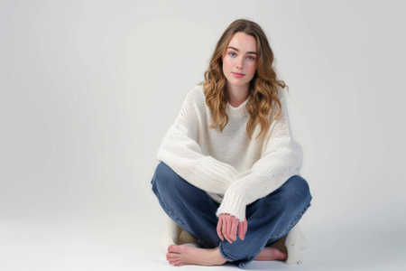 A woman dressed in jeans and a sweater sits on the ground in a straightforward pose.の素材