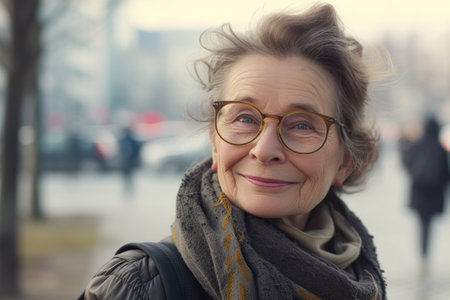 An older woman confidently sporting glasses and a stylish scarf.の素材