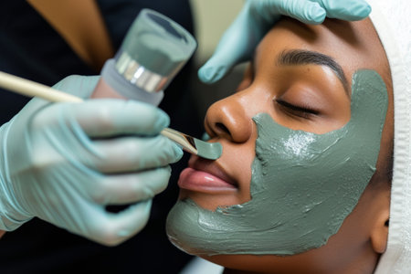 A woman at a spa or beauty salon having a facial mask applied to her face by a professional.の素材
