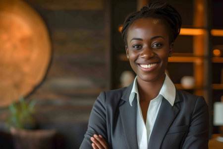 A confident woman dressed in a professional business suit smiles directly at the camera.の素材