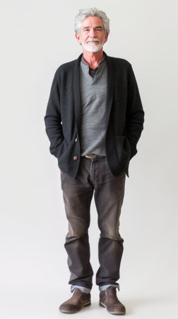 A man is seen standing in a relaxed position, with his hands casually tucked into his pockets.の素材