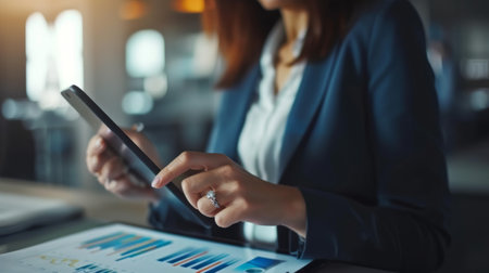 A professional woman wearing a business suit is seen using a tablet device to work.の素材