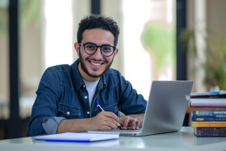 A man sits at a table, engrossed in his work, using a laptop.の素材