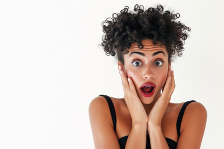 A woman with a shocked and surprised look on her face, conveying a moment of astonishment or disbelief.の素材