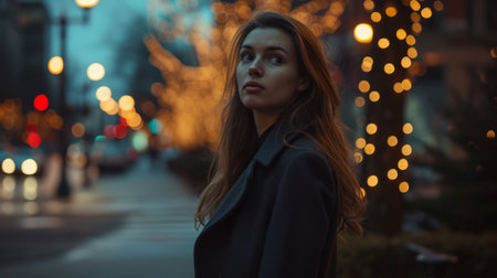 A woman stands on a city street at night, illuminated by the glow of streetlights and the bustling activity around her.の素材